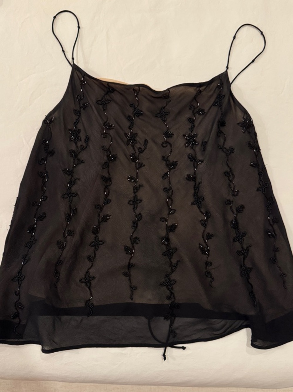 Le Fou Wilfred Black Beaded Sheer Open Back Spaghetti-Strap Top